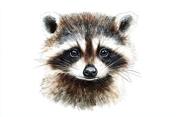 Obraz premium A detailed illustration of a raccoon's face, showcasing its distinctive markings and expressive eyes against a plain background.