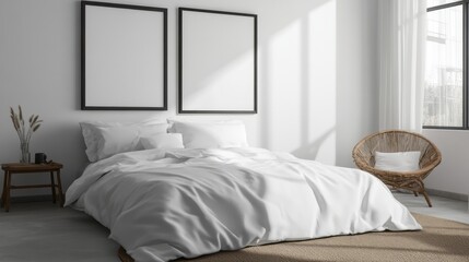 Bright minimalist bedroom with framed art and natural light