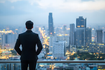A man in a suit is looking out over a city at night
