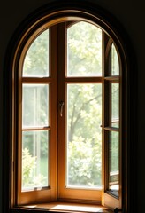 Obraz premium Elegant curved wooden window frame, natural light streaming through, cottage, cabin