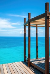 Naklejka premium Elevated wooden platform overlooking serene blue ocean, vast sky, paradise, photography, travel