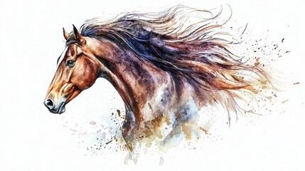 A beautiful watercolor painting of a horse's head, showcasing flowing mane and dynamic colors, capturing the essence and grace of the animal.