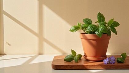 Fototapeta premium Potted plant with green leaves on wooden surface