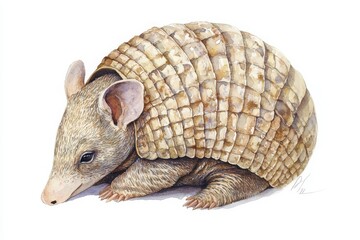 A detailed illustration of an armadillo, showcasing its unique shell and features in a natural pose.