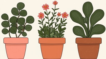 Obraz premium Three Potted Plants Illustration Round, Flower, Large Leaf in Terracotta Pots