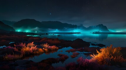 Mystic night lake, vibrant colors, mountain backdrop