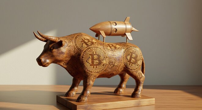 Wooden Bull Sculpture Bitcoin Rocket Warm Light. AI Generated