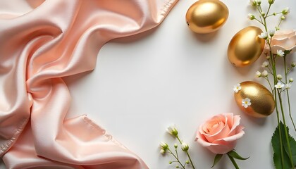 Luxury Easter flat lay with silk fabric, golden eggs, and delicate florals