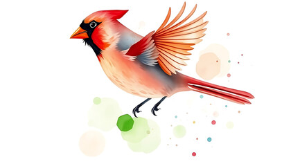 Obraz premium A vibrant watercolor painting of a Northern Cardinal bird in flight, with splashes of color and soft pastel background