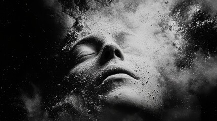 A face dissolving into a cosmic void, its expression flickering between terror and euphoria, as countless voices call out from within the darkness. Time fractures around them.