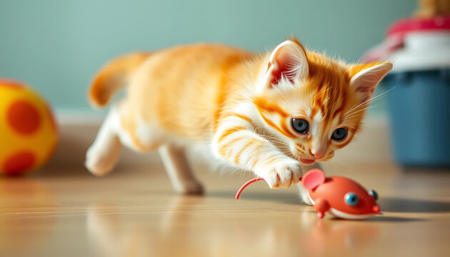 Adorable ginger kitten playing with a toy mouse on a wooden floor, a playful and cute moment captured in stunning detail