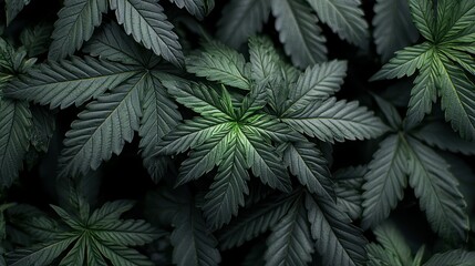 Close-up of dense cannabis plants, vibrant green leaves amidst dark foliage