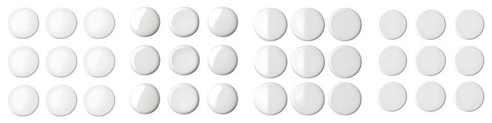 A clean minimalist arrangement of uniform white circular shapes organized in a symmetrical grid pattern against a plain white background