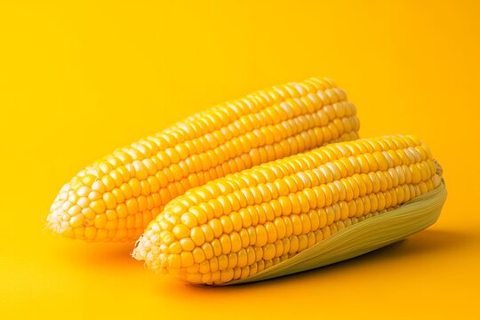 Close-up of fresh yellow corn on cob with bright yellow background