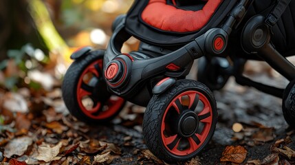 Close-up of stroller wheels and frame.  Red and black design on a nature backdrop