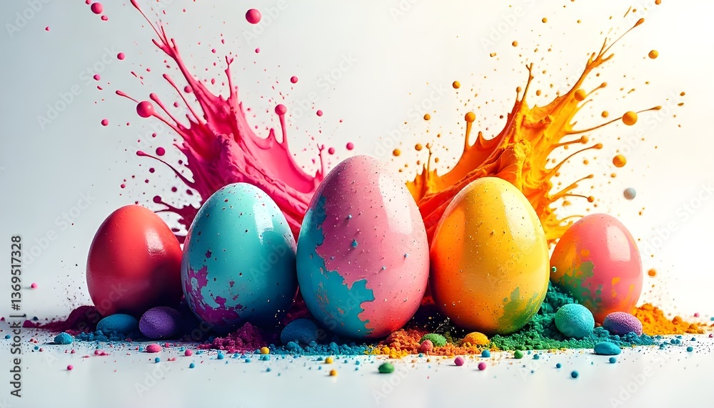 Aufkleber a vibrant explosion of colorful easter eggs bursting with dynamic paint splashes, symbolizing the jo