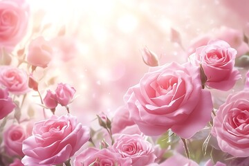 Soft pink roses blooming in garden with dreamy bokeh light, floral romantic background