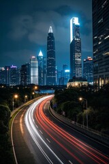 Obraz premium a view of a city at night with a long exposure of light trails