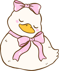 Cute White Duck with Pink Bow Sleeing Springtime Aesthetic Cartoon Doodle Hand Draw