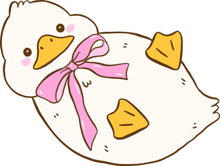 Cute White Duck with Pink Bow Rolling Springtime Aesthetic Cartoon Doodle Hand Draw