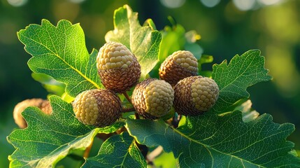 Obraz premium Close-up of young acorns on an oak branch