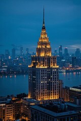 Obraz premium arafed view of a city skyline at night with a large building