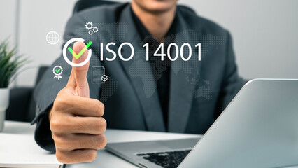 ISO 14001 concept. ISO standards quality control 14001 certified for environmental management systems (EMS). Identify, control and reduce the environmental impact of activities. Modern ISO banner.