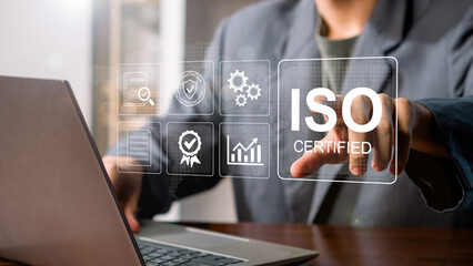 ISO 9001 standards quality control, assurance and warranty business technology concept. Businessman...