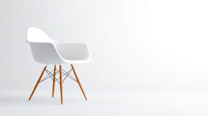 A minimalist white chair stands alone against a plain backdrop