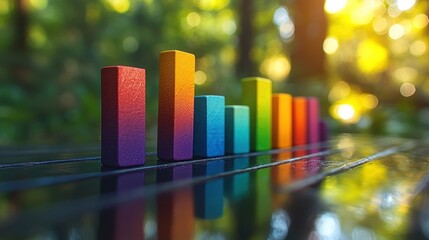 Obraz premium Colorful bar graph on a dark surface, with a natural background. The graph displays a spectrum of values, with different heights and colors reflecting the data