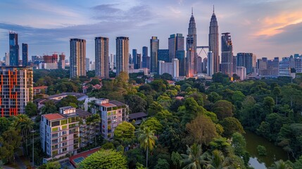 City skyline at dusk with skyscrapers, trees, and a river.