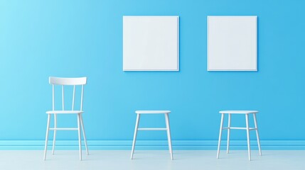 Minimalist design featuring white chairs and frames against blue background