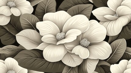 Seamless floral pattern featuring white flowers on a black background with classic damask design in muted tones