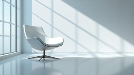 Minimalist white chair stands in bright modern room