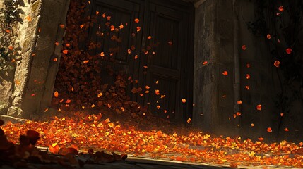 Autumn leaves fall near old stone doorway