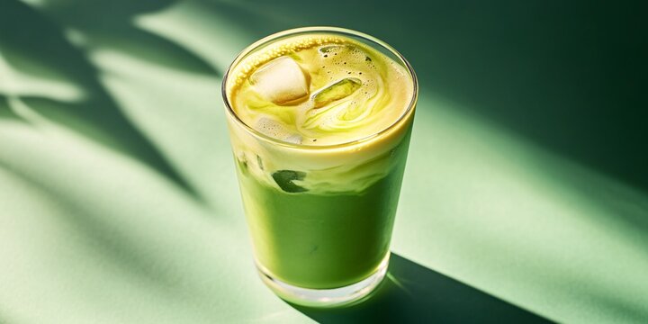Refreshing iced matcha latte with cream