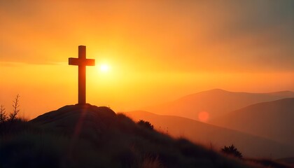 a solemn cross standing atop a hill, illuminated by the golden hues of sunrise, symbolizing sacrifice, redemption, and the spirit of Holy Week, perfect for easter