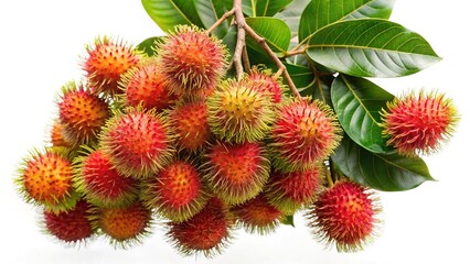 A Bunch of Fresh Rambutans on the Branch with Green Leaves Isolated on White Background