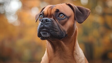 Fototapeta premium Boxer dog portrait, autumn leaves background (3)