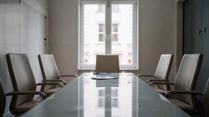Negotiation room with empty chairs, symbolizing anticipation, strategic planning, and the potential for future agreements in a professional setting.
