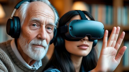 Elderly man with headphones and young woman using a VR headset, symbolizing generational differences, virtual reality, and the integration of technology in modern education and communication

