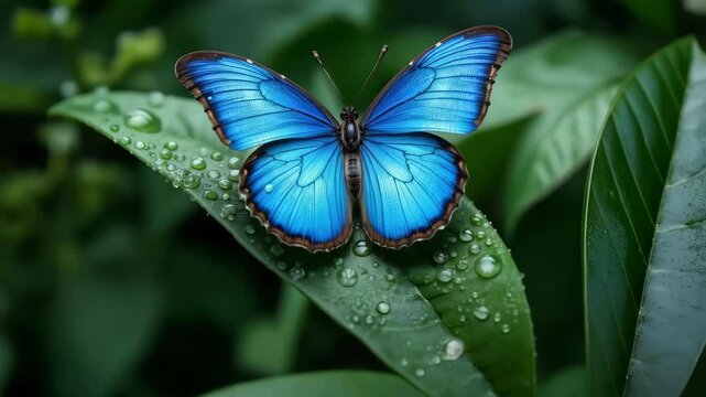 Vibrant Blue Morpho Butterfly on Dew Covered Leaf in Lush Green Nature