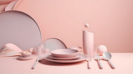 Elegant dining setup, soft pink hues, fine china with silver cutlery, minimalist aesthetic, perfect for upscale dining themes.
