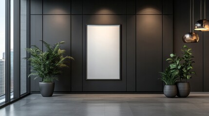 Dark minimalist interior space features plants artwork and lighting