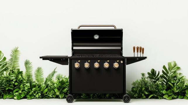 Gas grill with an open lid and multiple knobs, designed for outdoor cooking