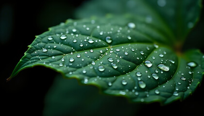 drops of water on a green leaf in the rain