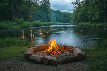 Campfire by the River: The serene ambiance of a campfire, with its vibrant flames, set against a picturesque river scene at dusk, creating an invitation to enjoy the quiet intimacy of nature.