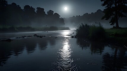 Fototapeta premium Misty Moonlight River at Night