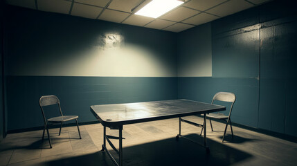 A dimly lit interrogation room features a metal table and two chairs under a fluorescent ceiling light.