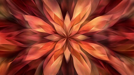 Abstract floral symmetrical pattern with vibrant shades of orange and red.